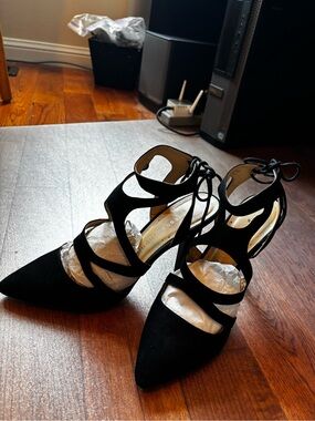 Chinese Laundry Black Strappy Pointed-Toe Lace-Up Heels